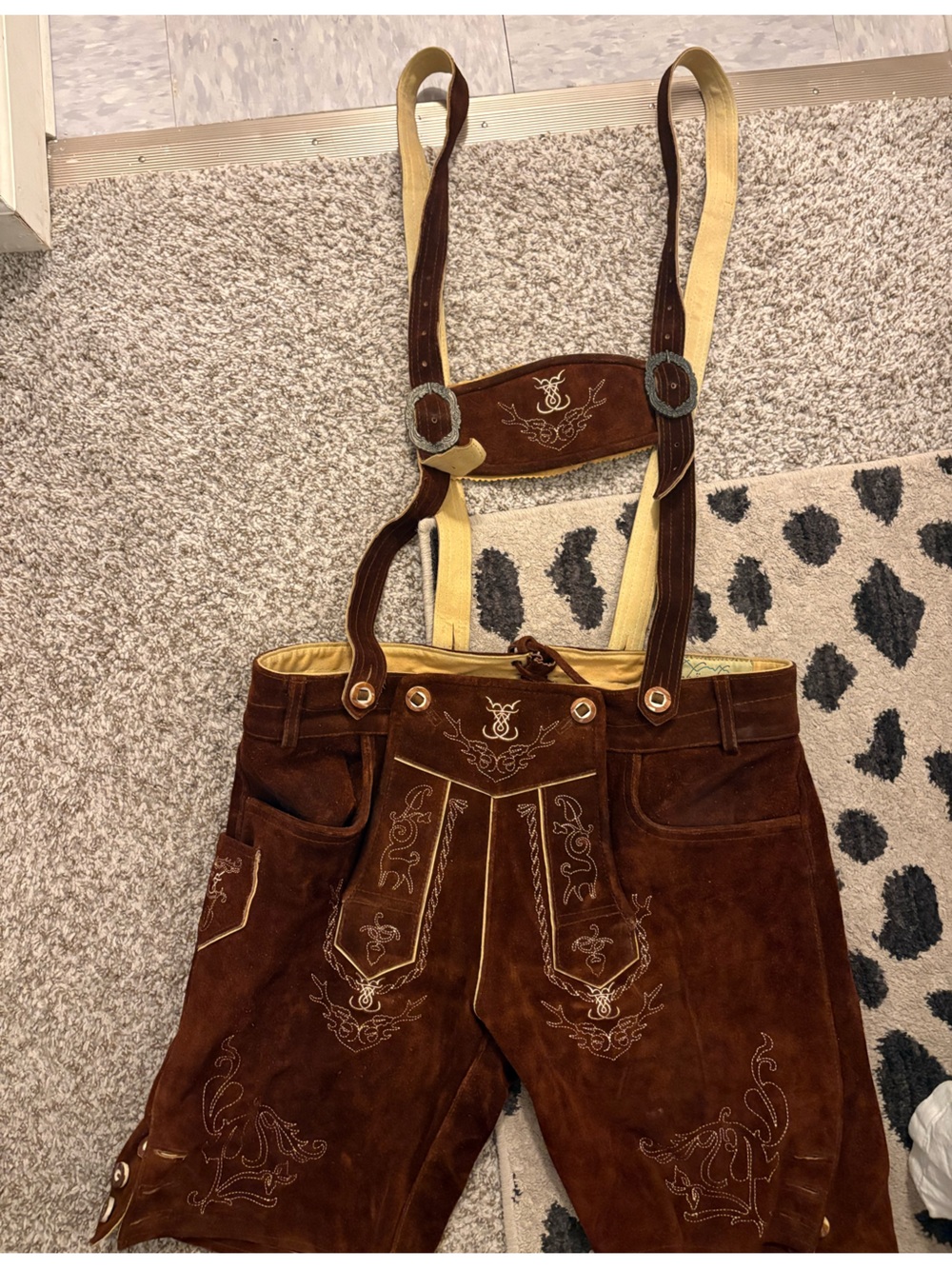 Schneider Brown and Cream Suede Lederhosen with Embroidery